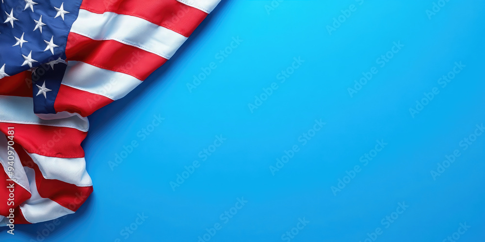 Obraz premium The american flag against a blue background, symbolizing national pride and freedom, perfect for patriotic events. Banner. Flat lay, top view. Copy space. Mock up.