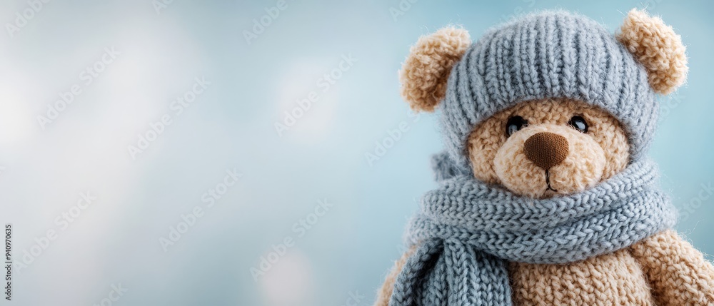 A bear in a knitted scarf and hat, adorned with another scarf around its neck A bear in a knitted scarf and hat, adorned with another scarf around its neck