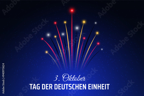 October 3, german unity day, flag fireworks on night sky background. Germany national holiday. Greeting card. Fireworks, flag. Vector. Translation 3 October Day of German Unity