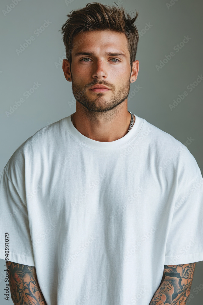 Mockup oversized tshirt, a model man wearing an oversized white t-shirt with tattoos, against a light concrete background Mockup oversized tshirt, a model man wearing an oversized white t-shirt with tattoos, against a light concrete background