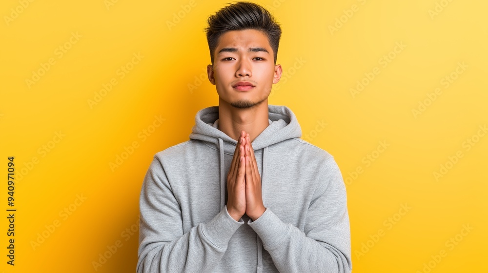 Fototapeta premium A young Asian man in a gray hoodie sits with clasped hands and eyes shut, expressing stress against a pale yellow background