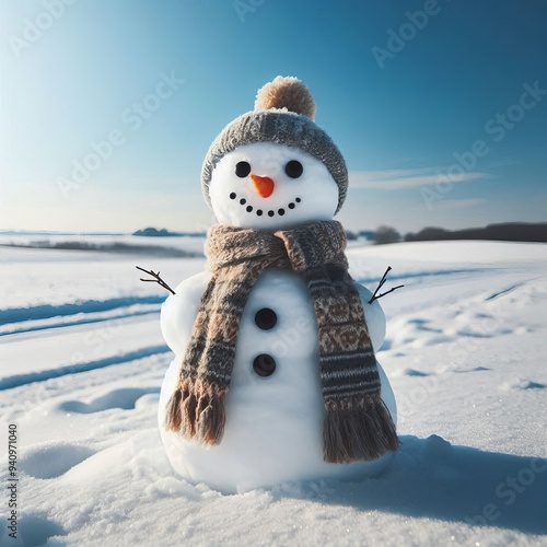 A cute snowman in the snow with a hat and scarf, celebrating the winter season and Christmas photo