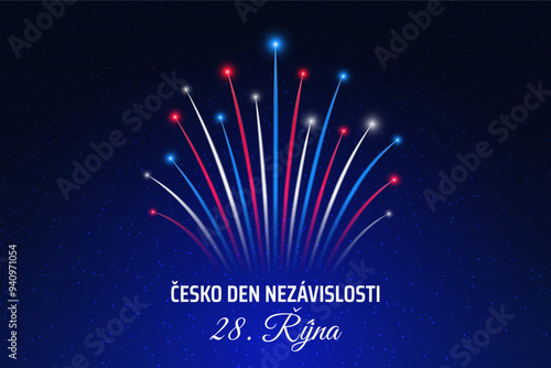 October 28th, czech republic independence day, flag fireworks on blue night sky background. National holiday. Greeting card. Vector. Translation: Czech Republic Independence Day October 28th
