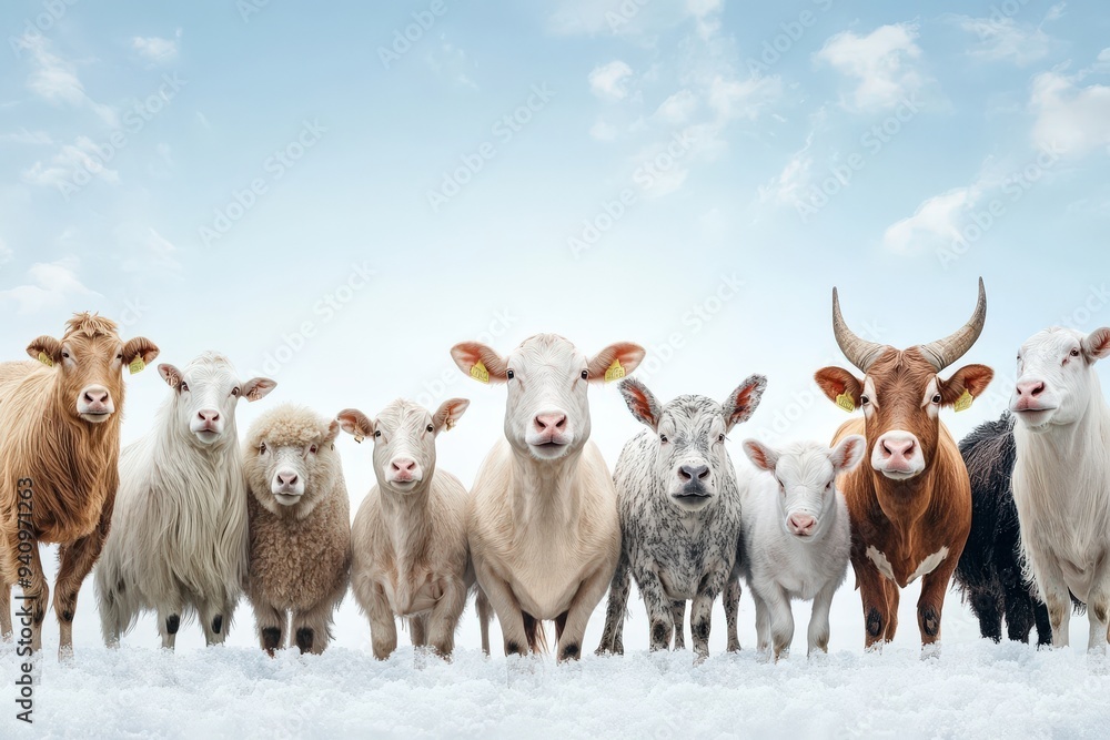 Fototapeta premium A wholesome and serene image depicting an array of farm animals such as cows, sheep, and goats standing close together in a snow-covered field, embodying camaraderie and rustic life.