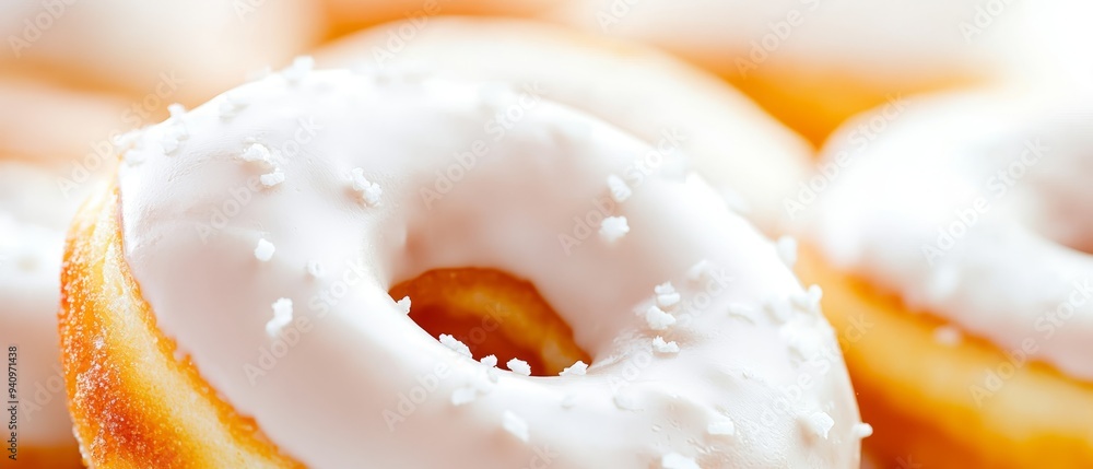 A tight shot of a donut, adorned with icing and sprinkles atop A tight shot of a donut, adorned with icing and sprinkles atop