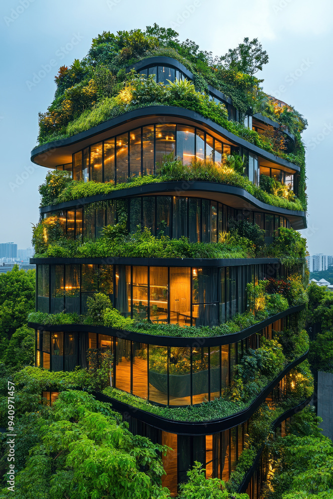 Naklejka premium Eco-Friendly Building, A modern building featuring green roofs and abundant plants, highlighting sustainable design and environmental responsibility in architecture