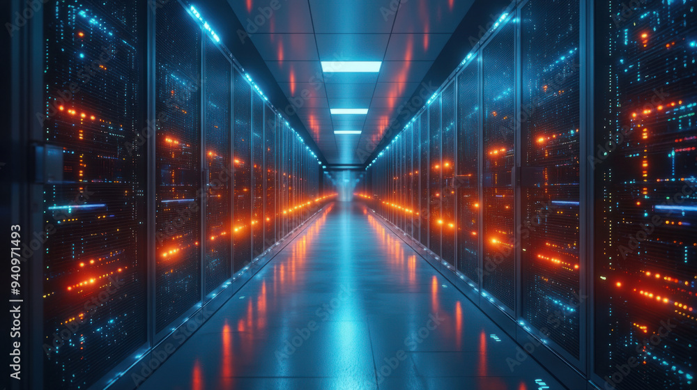 Futuristic Data Center, A modern data center featuring brightly lit paths and cables, highlighting cutting-edge technology and digital networking connections Futuristic Data Center, A modern data center featuring brightly lit paths and cables, highlighting cutting-edge technology and digital networking connections
