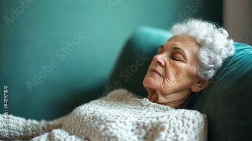 An elderly woman enjoys a restful nap on a comfortable couch, surrounded by a warm and inviting atmosphere photo