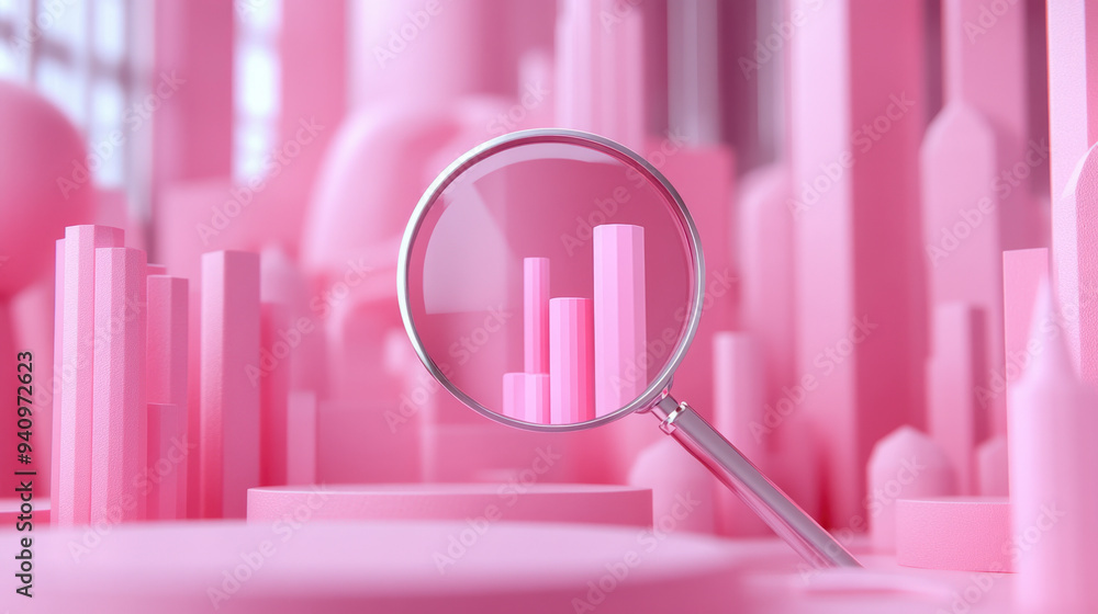 Magnifying Glass Analysis,  A pink-themed image showcasing a magnifying glass examining pastel pink bars, representing analysis and growth in a visually appealing way