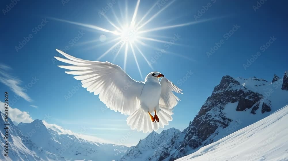 White dove spreads wings against snowy mountain backdrop. Bright sunburst illuminates scene. Majestic peaks and pristine snow create serene winter landscape. White dove spreads wings against snowy mountain backdrop. Bright sunburst illuminates scene. Majestic peaks and pristine snow create serene winter landscape.