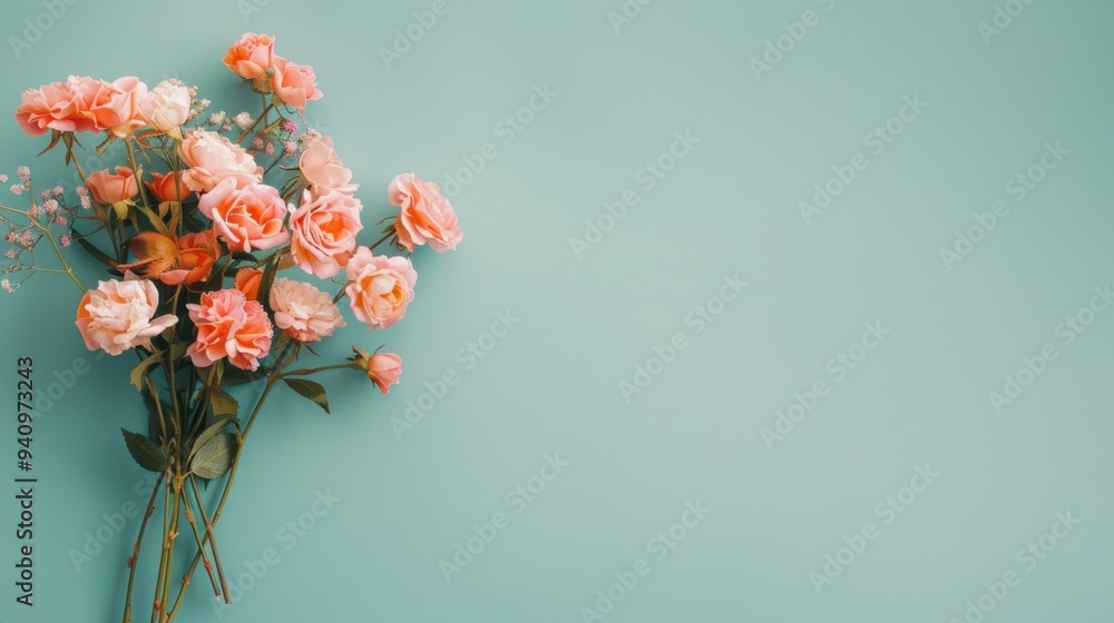 Fototapeta premium A bouquet of soft pink roses is beautifully arranged against a calming blue backdrop, highlighting their delicate petals