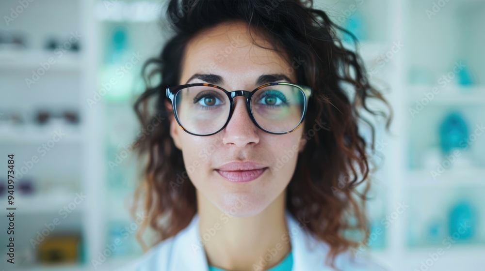 A pair of eyeglasses is placed on a desk while a woman in a lab coat stands smiling in the background of an optical store A pair of eyeglasses is placed on a desk while a woman in a lab coat stands smiling in the background of an optical store
