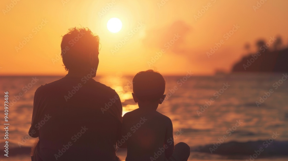 A father and his young son sit on the beach, enjoying the vibrant sunset while creating lasting memories together A father and his young son sit on the beach, enjoying the vibrant sunset while creating lasting memories together