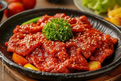 meat, dish, close-up, meal, bulgogi, food, dinner, food ingredients, korean food, ingredients, vegetables, pork, plate, lunch, korean culture, groceries, red pepper paste bulgogi. Generative Ai