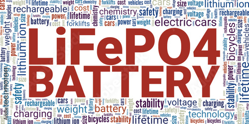 Lithium Iron Phosphate Battery: LiFePO4 Battery word cloud conceptual design isolated on white background.