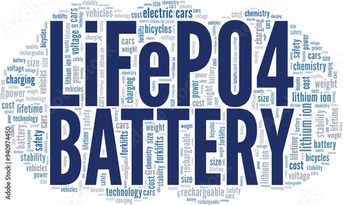 Lithium Iron Phosphate Battery: LiFePO4 Battery word cloud conceptual design isolated on white background.