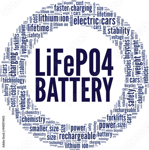 Lithium Iron Phosphate Battery: LiFePO4 Battery word cloud conceptual design isolated on white background.
