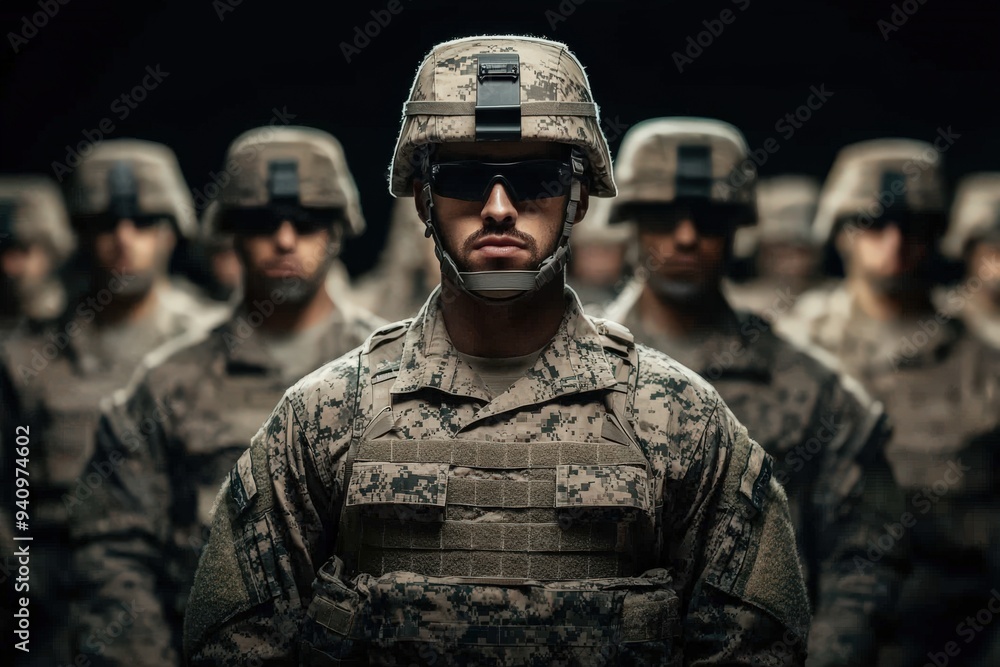 Fototapeta premium A disciplined military soldier in uniform, standing at attention in a formation with fellow soldiers, showcasing strength, unity, and dedication, symbolizing protection and service.