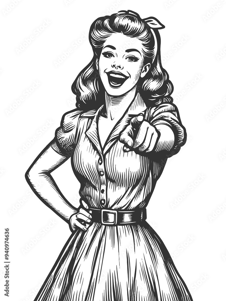 Cheerful pin-up girl with big smile points forward her finger and laughs, excitement sketch engraving generative ai fictional character raster illustration. Scratch imitation. Black and white image. Cheerful pin-up girl with big smile points forward her finger and laughs, excitement sketch engraving generative ai fictional character raster illustration. Scratch imitation. Black and white image.