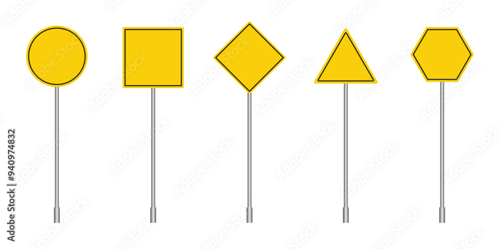 Set of blank yellow road sign. Empty traffic signs isolated on transparent background. Highway attention road sign collection. Vector Set of blank yellow road sign. Empty traffic signs isolated on transparent background. Highway attention road sign collection. Vector