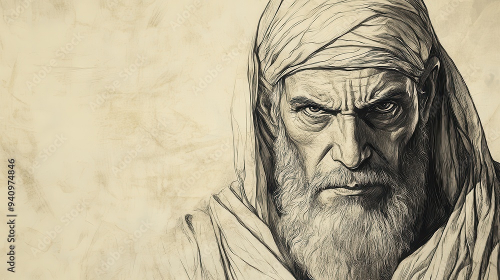 Fototapeta premium Eliphaz’s Warning About the Wicked in the Bible - Illustration of Eliphaz Describing the Inevitable Fate of the Wicked, Serious Expression, Beige Background