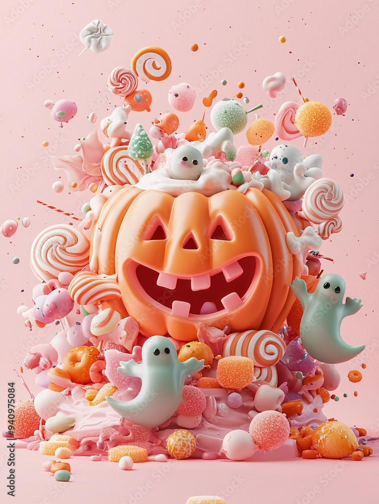 A vibrant Halloween candyland with a pumpkin-shaped candy house, surrounded by sugary ghosts and witches. The background provides significant copy space for text or other design elements. A vibrant Halloween candyland with a pumpkin-shaped candy house, surrounded by sugary ghosts and witches. The background provides significant copy space for text or other design elements.