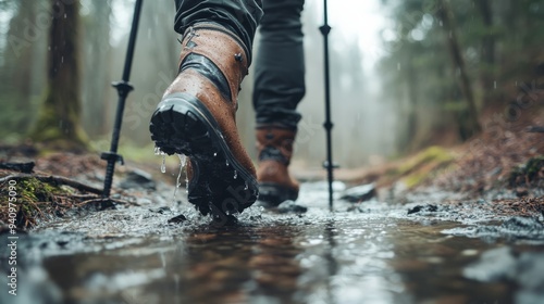 Close-up of a feet in hiking shoes walking with poles on a forest path.