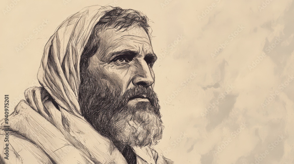 Fototapeta premium Eliphaz’s Firm Counsel to Job in the Bible - Illustration of Eliphaz Speaking Calmly, Encouraging Job to Reflect on His Actions, Beige Background