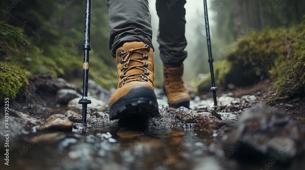 Obraz premium Close-up of a feet in hiking shoes walking with poles on a forest path.