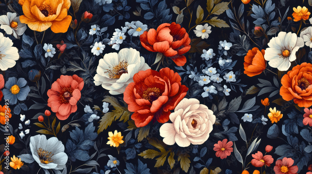 Floral Pattern, A vibrant floral pattern featuring peonies, roses, and wildflowers set against a dark background, perfect for decorating or design projects Floral Pattern, A vibrant floral pattern featuring peonies, roses, and wildflowers set against a dark background, perfect for decorating or design projects
