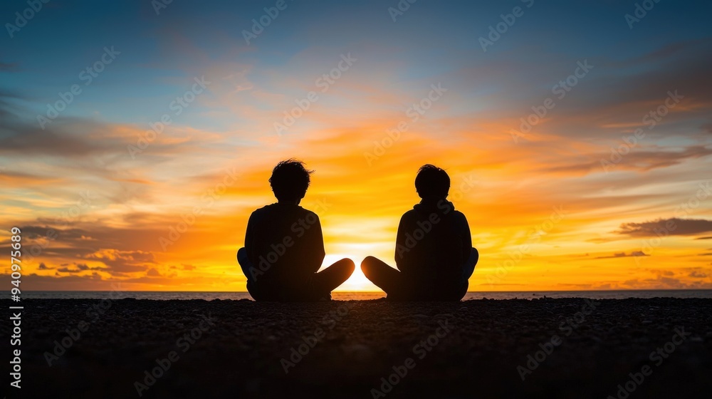 Silhouette of two people sitting back to back on a beach Silhouette of two people sitting back to back on a beach