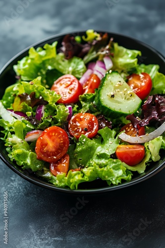 A fresh salad with lettuce, tomatoes, cucumbers, and onions served in a black bowl.