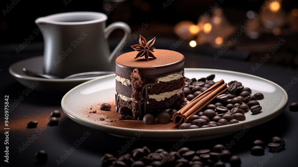 cake with chocolate cream and a cup of coffe cake with chocolate cream and a cup of coffe