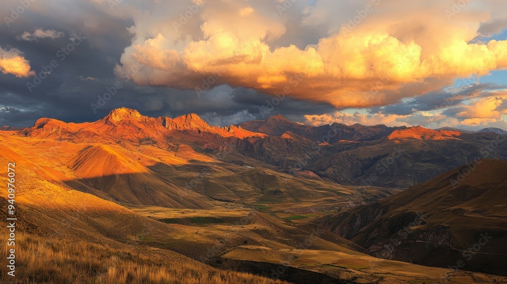 Fototapeta premium The Coroico Valley bathed in golden sunset light, revealing the dramatic mountainous landscape of the La Paz Department, Bolivia.