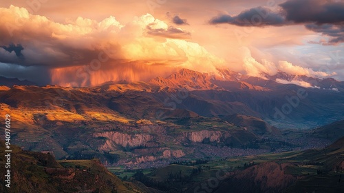 The Coroico Valley bathed in golden sunset light, revealing the dramatic mountainous landscape of the La Paz Department, Bolivia.