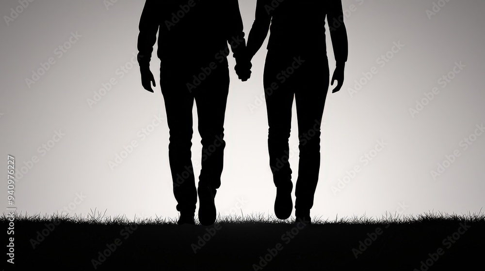 Silhouette of two people walking side by side on a path Silhouette of two people walking side by side on a path