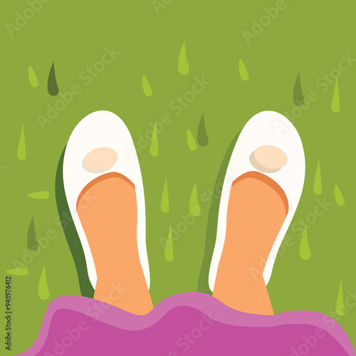 Woman enjoying a relaxing moment outdoors, wearing white shoes and a pink skirt, as seen from a low point of view