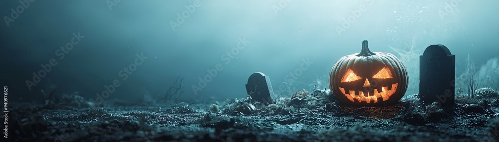 Fototapeta premium A chilling underwater graveyard with tombstones and jack-o'-lanterns illuminated by the ghostly light, floating in the depths of the ocean. The scene includes ample copy space for text or visual