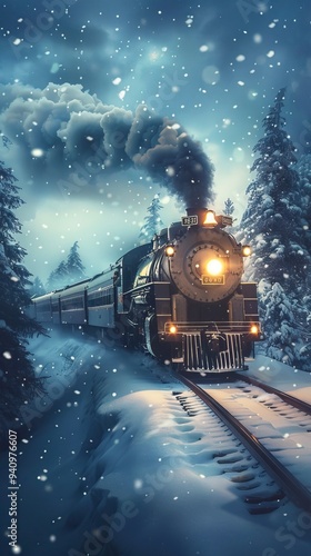 Illustration of the concept of Vintage polar express train traveling