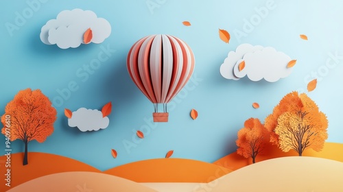 3D render of a colorful hot air balloon in the sky above an autumn landscape with trees and clouds on a blue background.