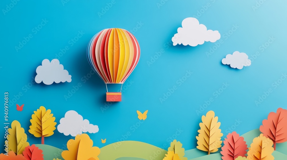 3D render of a colorful hot air balloon in the sky above an autumn landscape with trees and clouds on a blue background. 3D render of a colorful hot air balloon in the sky above an autumn landscape with trees and clouds on a blue background.