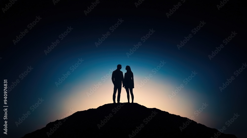 Fototapeta premium Silhouette of two figures standing together on a hilltop