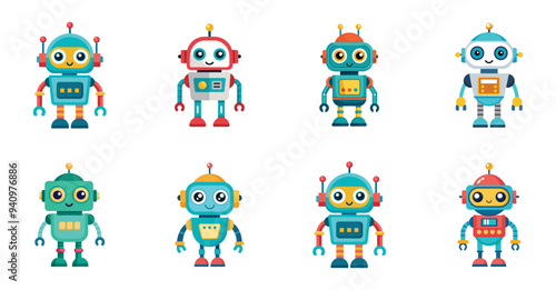 Cute robots with various designs and cheerful expressions. Vector cartoon illustration, children toy.