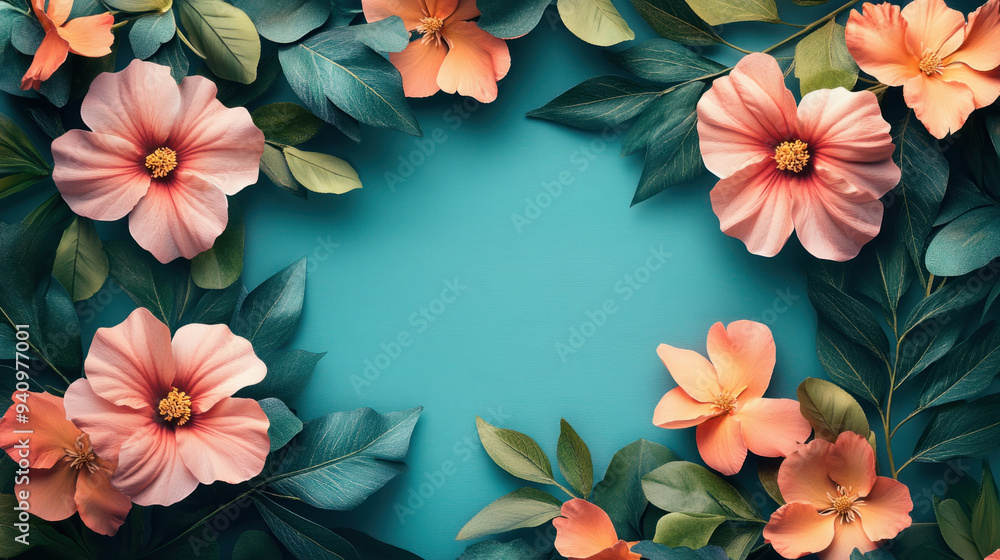 Floral Frame, A beautiful floral frame featuring pastel flowers and green leaves set against a vibrant turquoise background, perfect for decorative use Floral Frame, A beautiful floral frame featuring pastel flowers and green leaves set against a vibrant turquoise background, perfect for decorative use