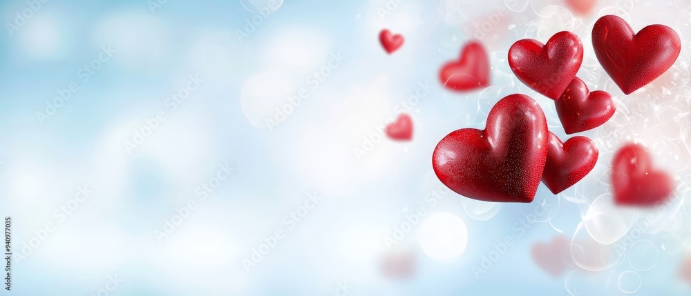 Red hearts float in the air against a blue and white backdrop, surrounded by light bubble bokeh Red hearts float in the air against a blue and white backdrop, surrounded by light bubble bokeh