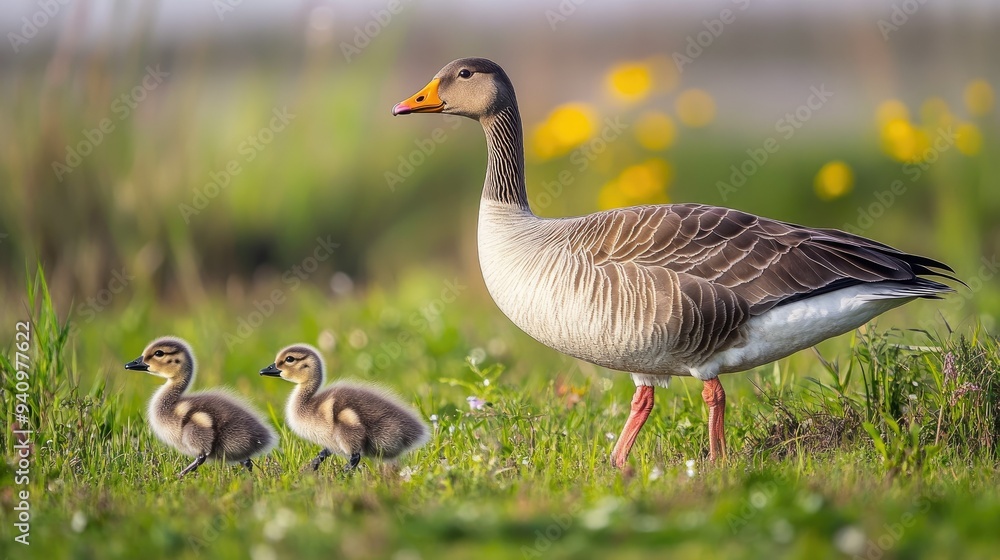 The maternal instinct of a greylag goose shines through as she guides her young across the grass by Lake Neusiedl in Burgenland. The maternal instinct of a greylag goose shines through as she guides her young across the grass by Lake Neusiedl in Burgenland.