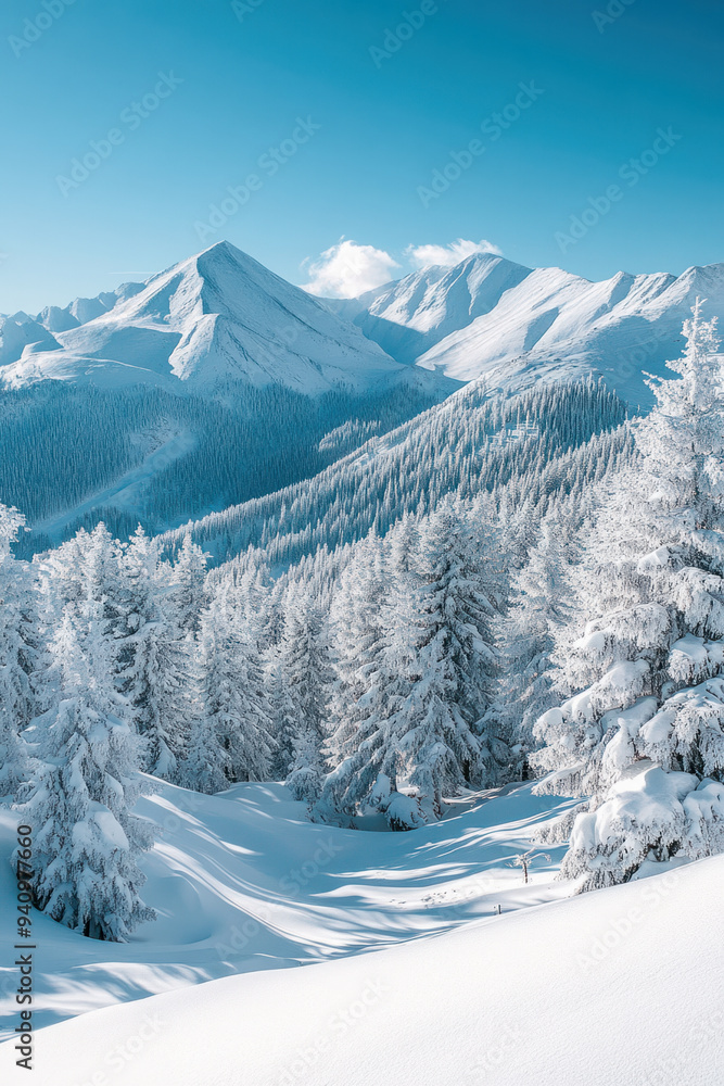 Obraz premium Snowy Mountain Landscape, Beautiful snowy mountains under a clear blue sky create a stunning winter scene, highlighting the tranquility of nature and its breathtaking beauty