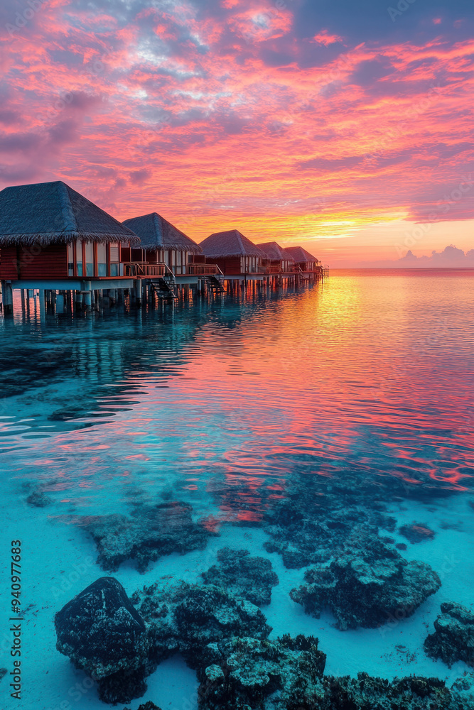 Maldives Sunset, Beautiful sunset view over luxurious water villas in the Maldives, showcasing vibrant colors reflecting on tranquil ocean waters Maldives Sunset, Beautiful sunset view over luxurious water villas in the Maldives, showcasing vibrant colors reflecting on tranquil ocean waters