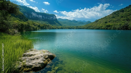 The natural beauty of Huasteca Potosina lake in San Luis Poto with serene waters and a lush, green environment.