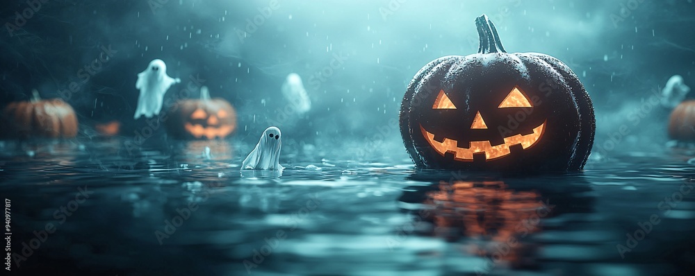 Fototapeta premium A dark underwater cavern is illuminated by glowing pumpkins and ghostly figures floating through the water, creating a haunting Halloween atmosphere. The scene provides plenty of copy space for text